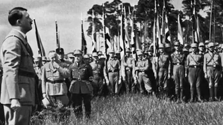 Hitler addressing soldiers, symbolizing Nazi leadership and the cult of speed.