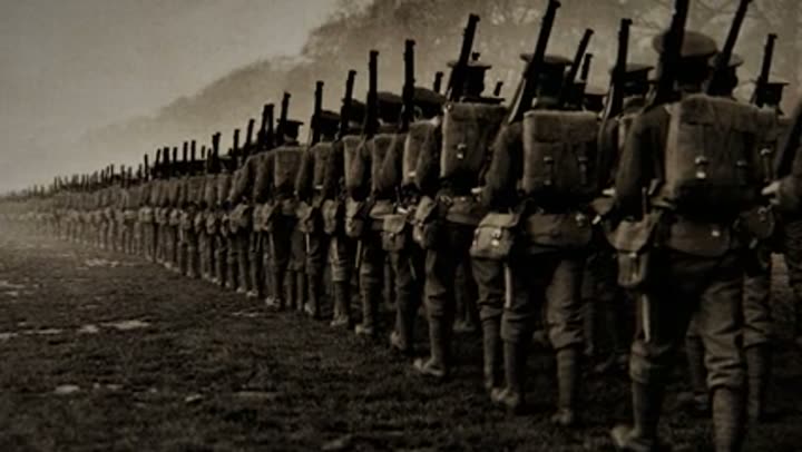 Endless lines of soldiers marching, symbolizing the relentless advance of the Blitzkrieg.