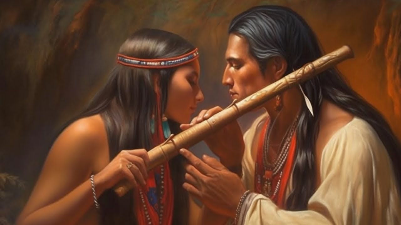 Native American couple shares a moment, playing a traditional courtship flute.