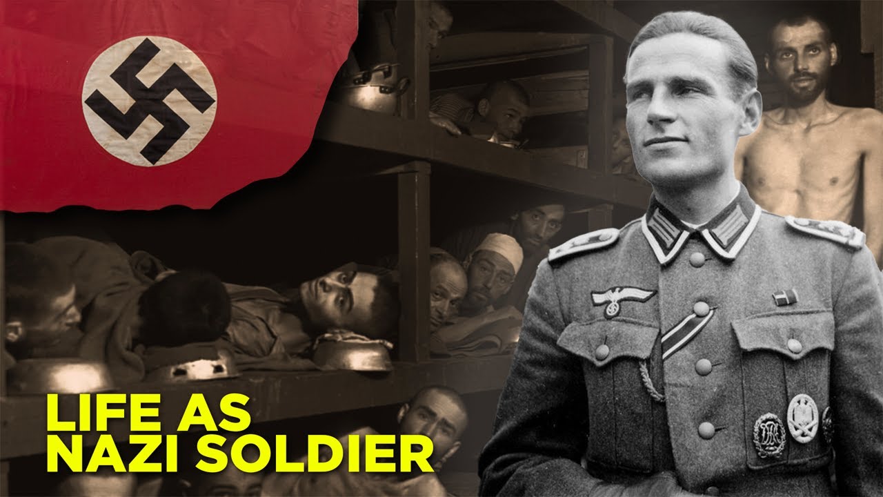 A Nazi soldier juxtaposed with concentration camp horrors, revealing the banality of evil.