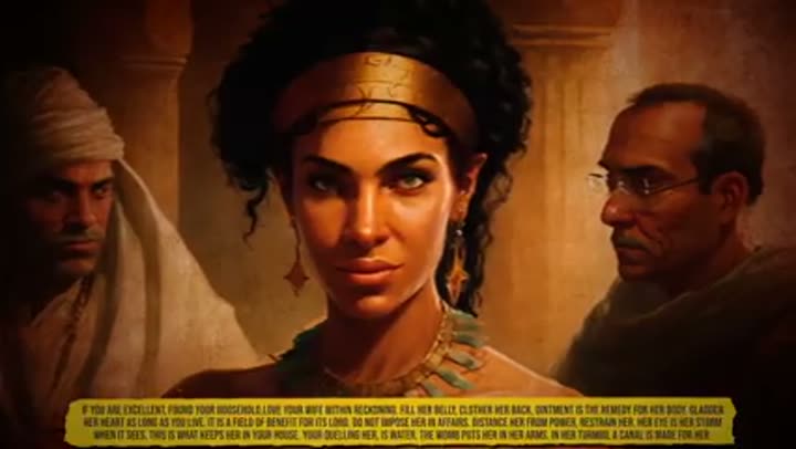 Depiction of an Egyptian woman with text discussing societal expectations and roles.