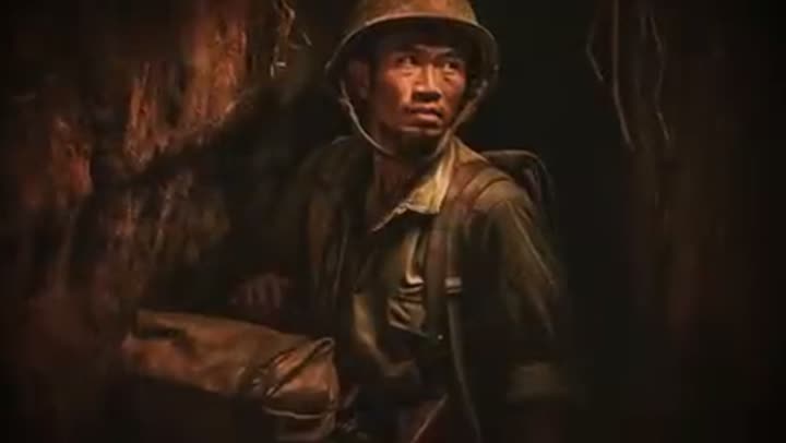 A soldier navigates the dark, claustrophobic confines of a Viet Cong tunnel system.
