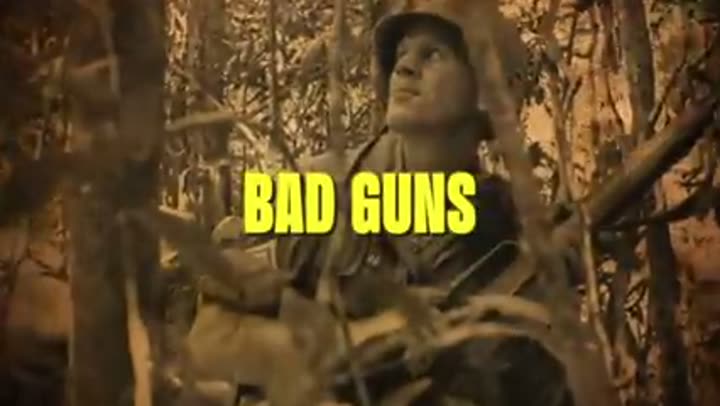 A soldier in the jungle, highlighting the M16 rifle's infamous reliability issues.