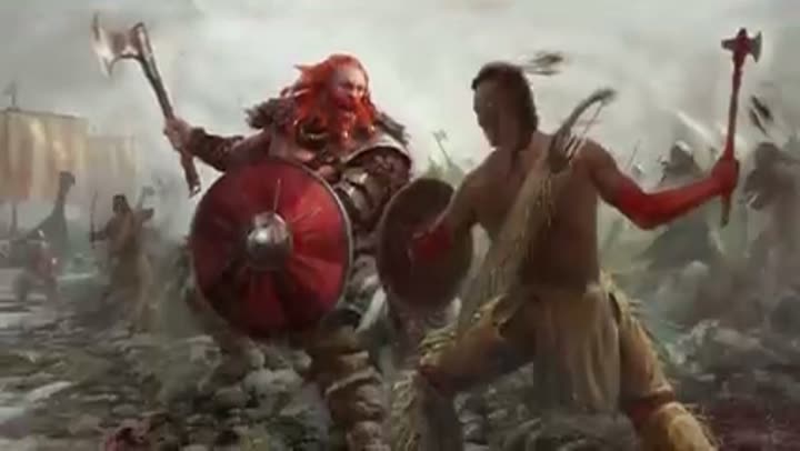 An intense depiction of a Viking warrior clashing with a Native American.
