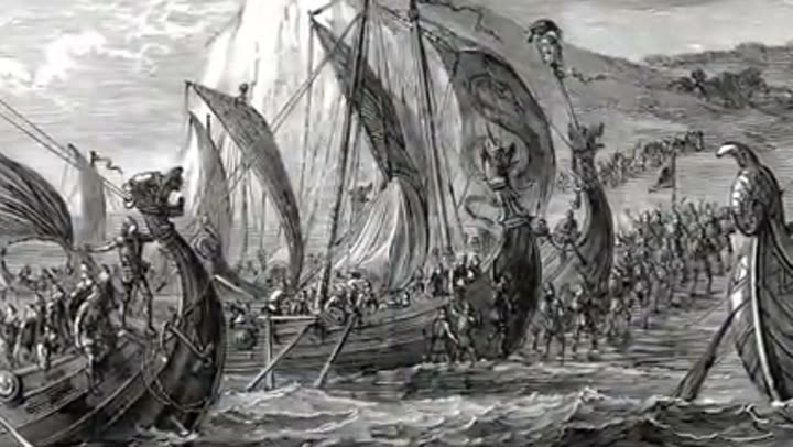 Viking longships filled with warriors embarking on a grand overseas expedition.