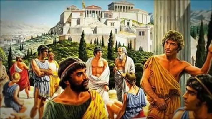 Ancient Greek citizens gather with the majestic Acropolis in the background.