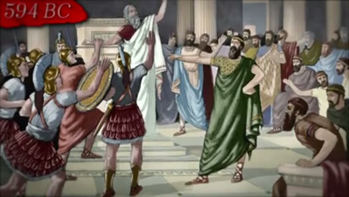 Ancient Greek assembly scene, possibly depicting early legal or political reforms.