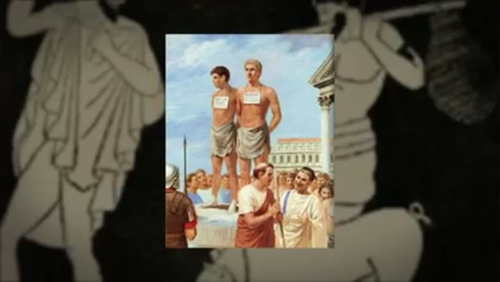 Depiction of enslaved individuals being sold or presented in ancient Greece.
