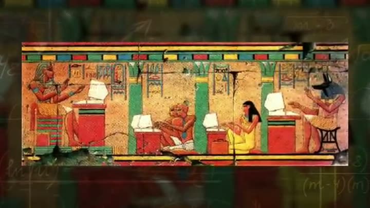 Anachronistic art depicting ancient Egyptians with computers, symbolizing Cleopatra's intellect.