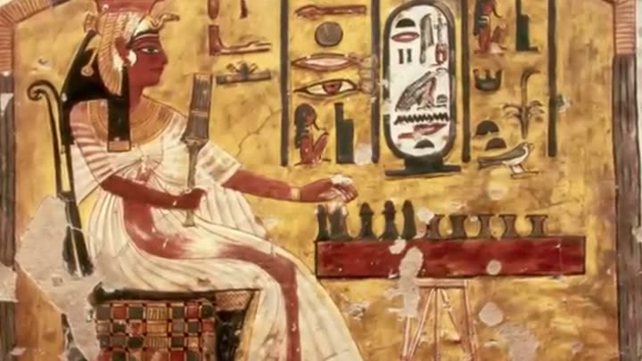 Ancient Egyptian mural depicting a regal queen, setting the scene for Cleopatra's story.