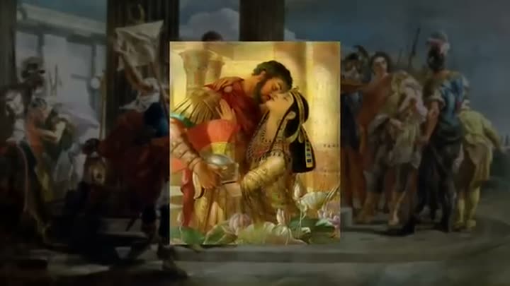 A romantic depiction of Cleopatra and Mark Antony, highlighting her bewitching allure.