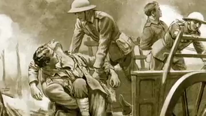 Wounded soldier carried from battlefield, illustrating the agony of war.