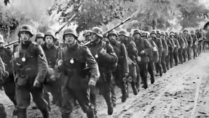 Soldiers marching in formation, representing the war machine fueled by stimulants.